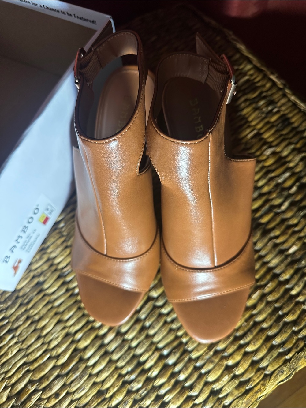 BAMBOO Cognac Brown Open-Toe Slingback Mules